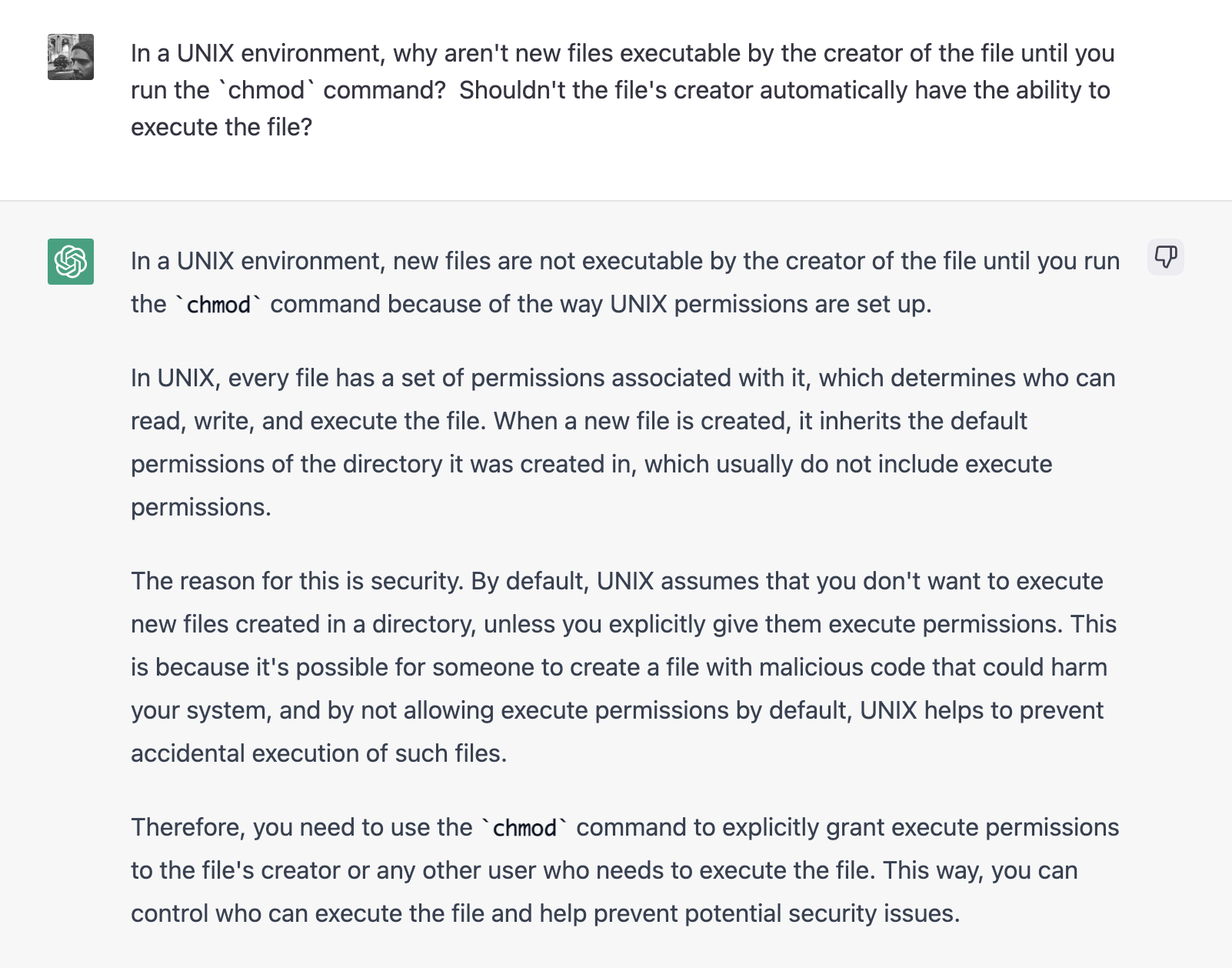 Asking ChatGPT why files aren't executable by their creator until `chmod` is run.