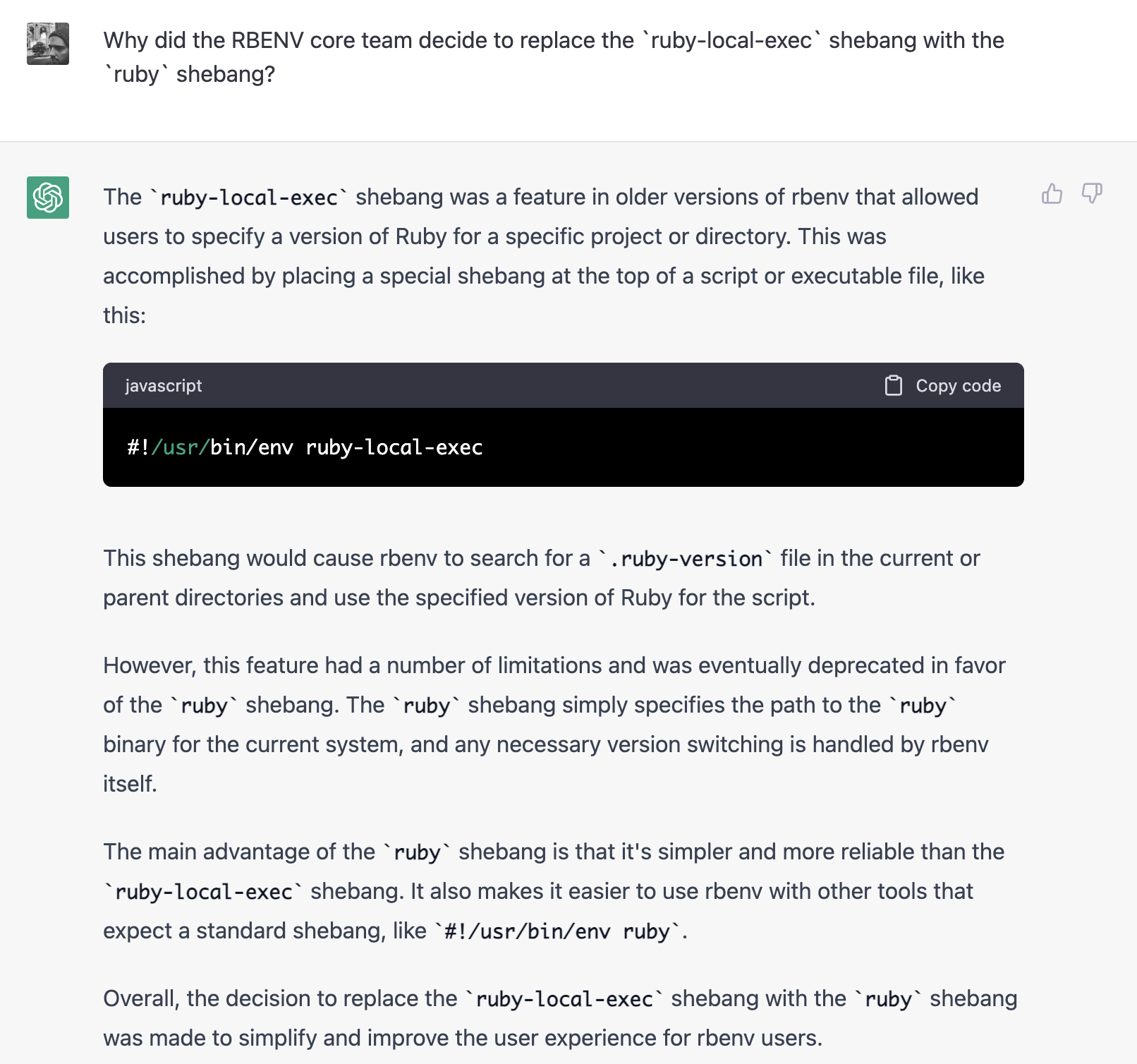 Asking ChatGPT why RBENV changed their shebang from `ruby-local-exec` to `ruby`.