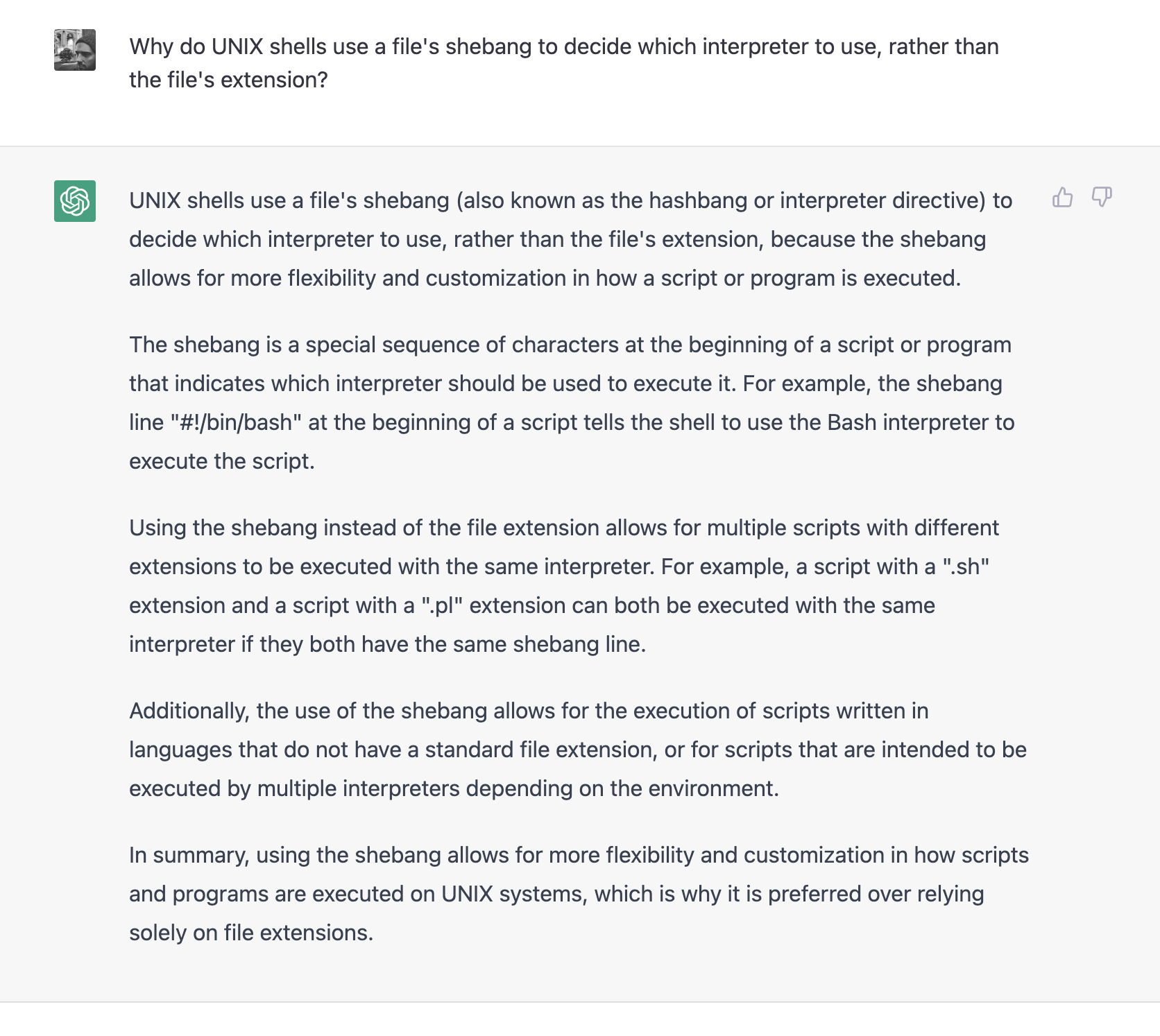 Asking ChatGPT why shebangs are preferred over file extensions when deciding how to interpret a file.