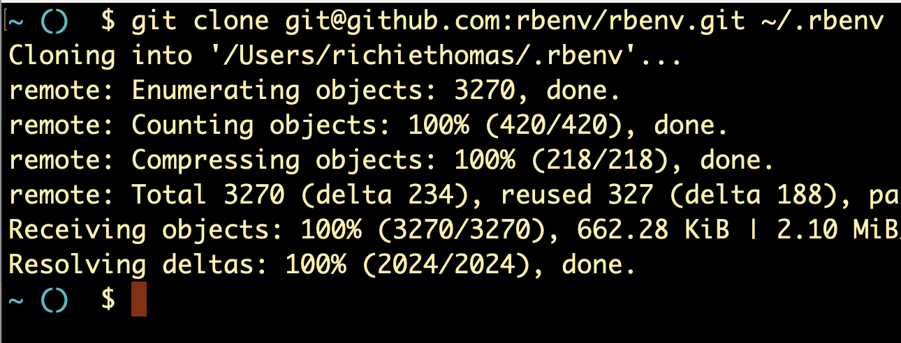 Running 'git clone' in order to install the RBENV codebase from source.