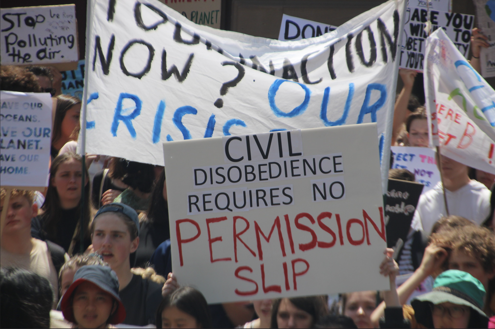 A protest sign that says 'Civil disobedience requires no permission slip'.