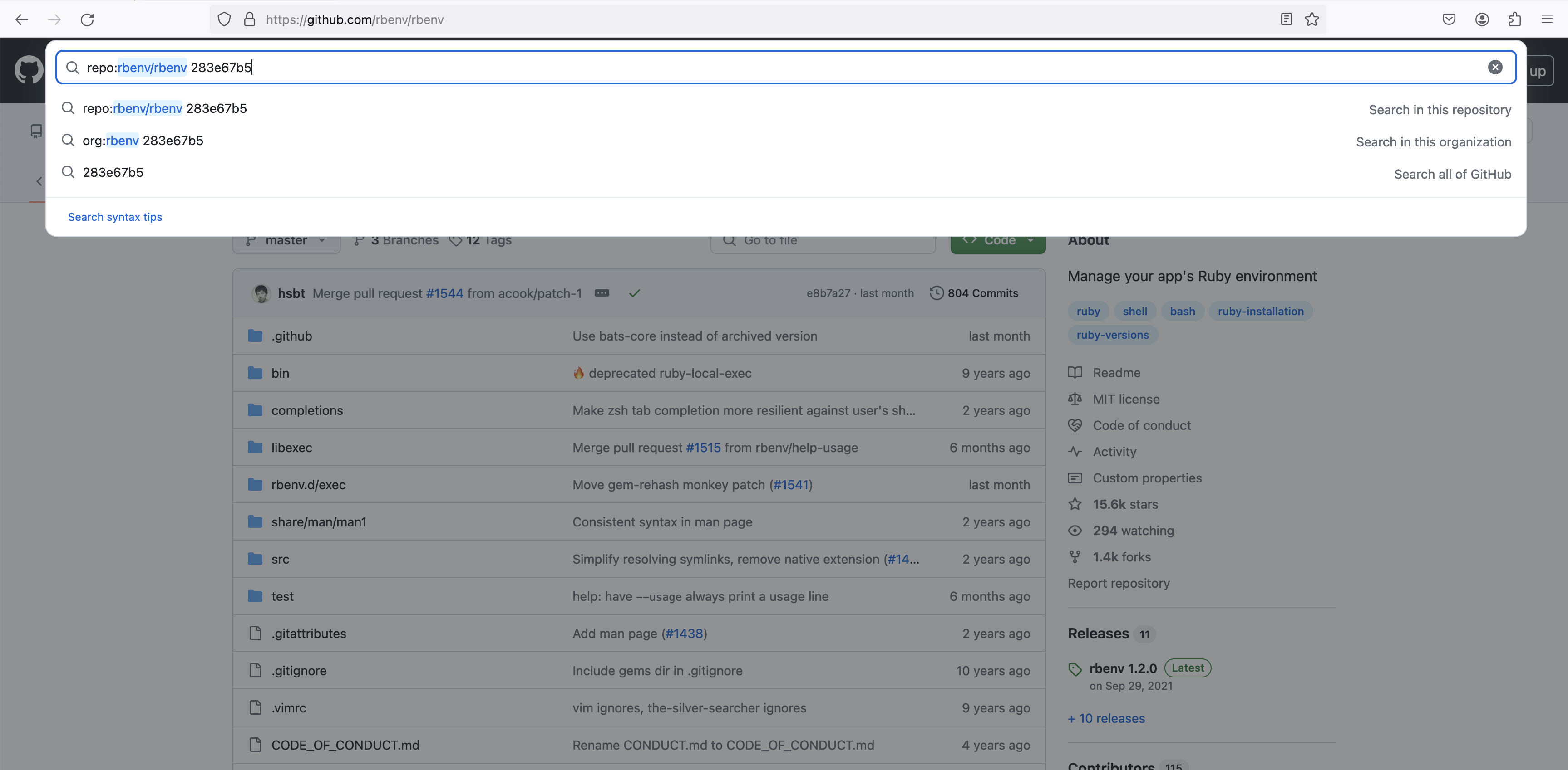 Searching for SHA # 283e67b5 on Github's homepage.