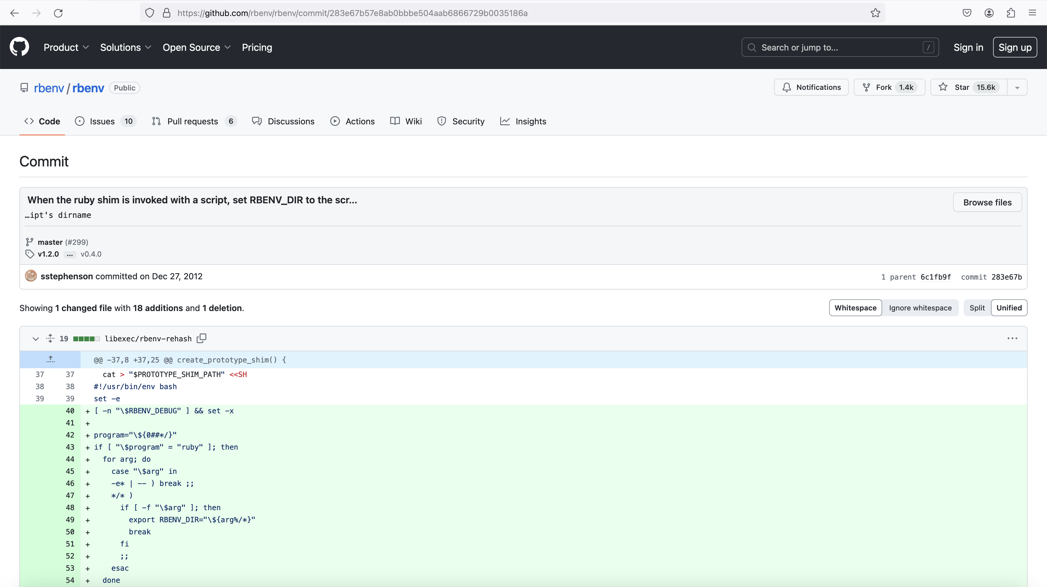 The git commit which matches the SHA we searched for.