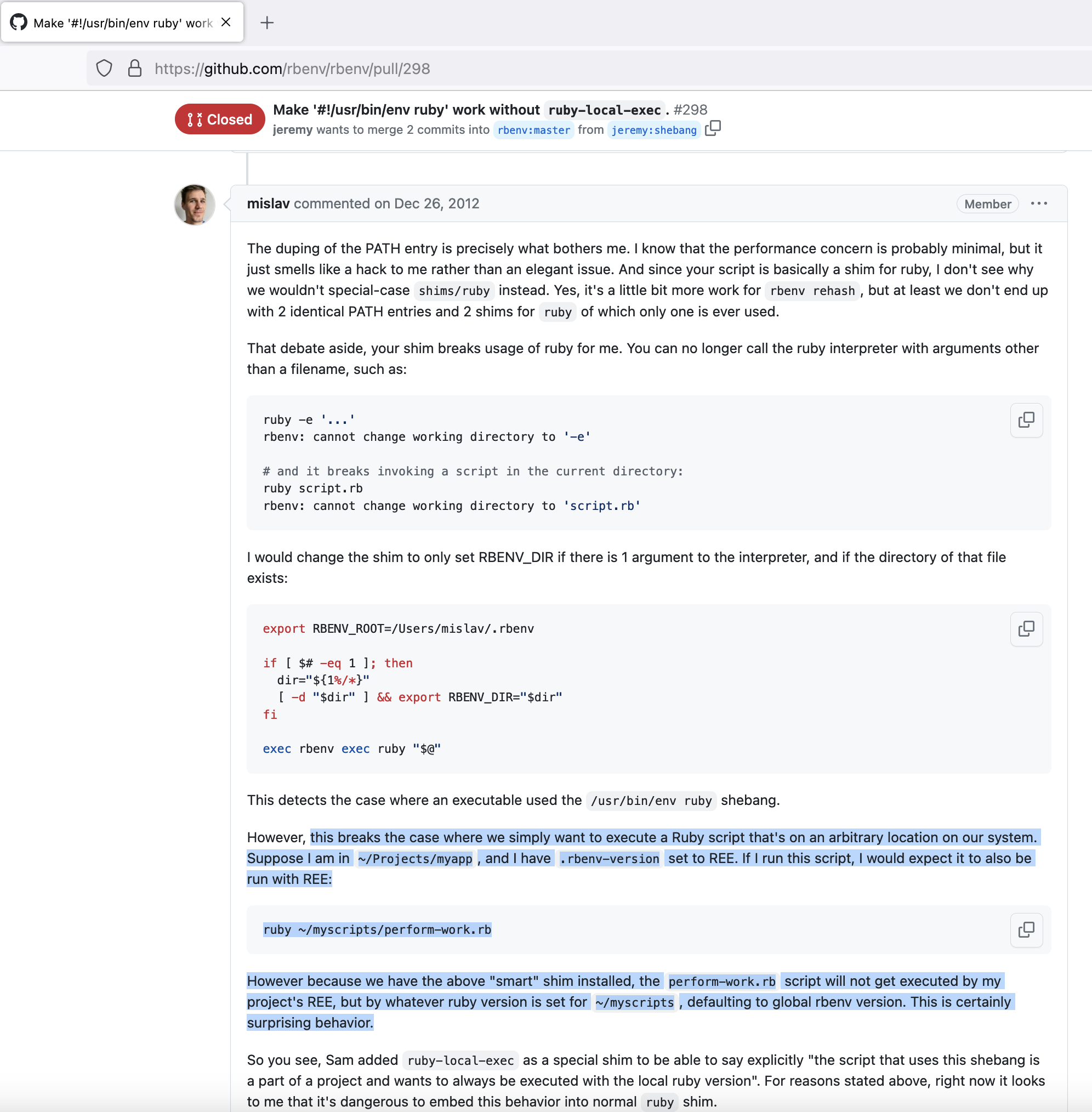 A comment from Mislav Marohnić explaining why he would consider it surprising behavior if RBENV used the Ruby version of a local directory instead of the current directory, if those two directories were different.
