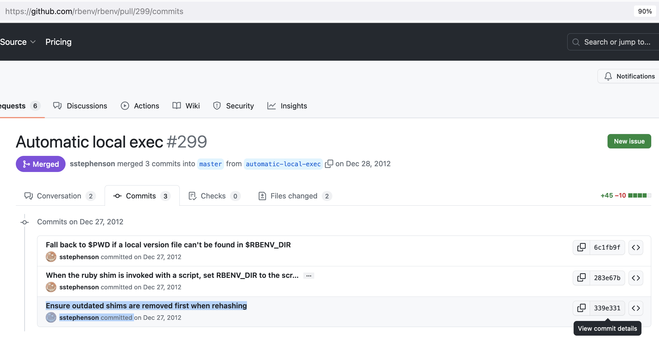 The list of commits for the PR which introduced the 'if'-block in the shim code. The specific commit that we want to roll back to is highlighted.