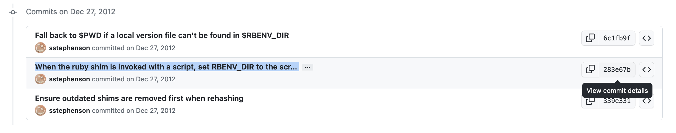 The list of commits for the PR which introduced the 'if'-block in the shim code. The specific commit that we want to roll back to is highlighted.