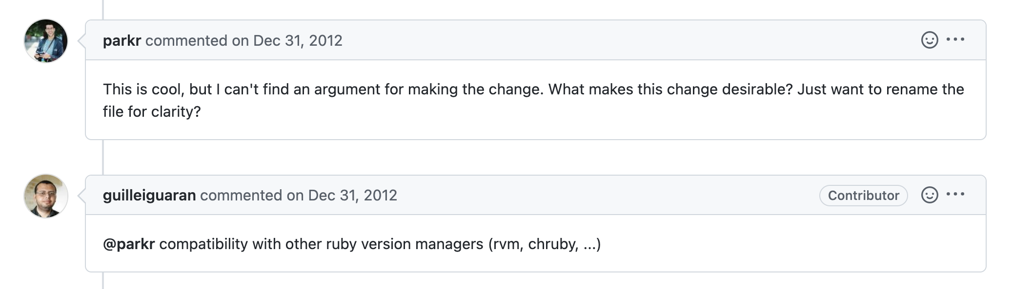 Comments discussing the support of the '.ruby-version' filename over '.rbenv-version'.